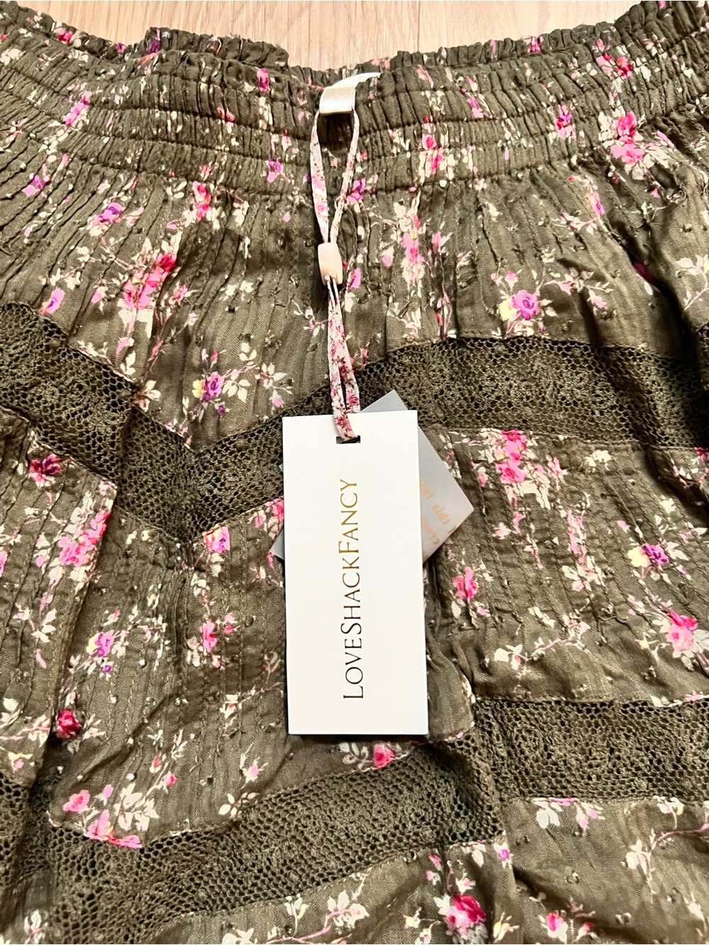 LoveShackFancy Olive Green Floral Smocked mini Skirt with Pink Roses